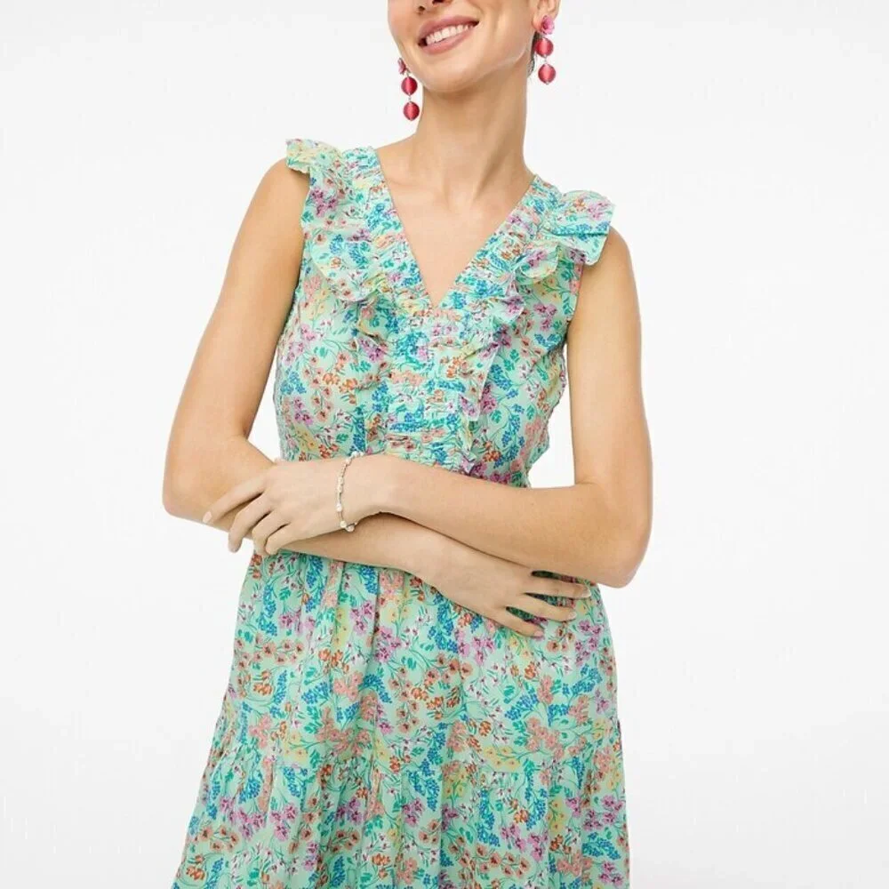💕J. CREW💕 Printed V-Neck Smocked Midi Dress ~ Fresh Spearmint Floral Print 8
